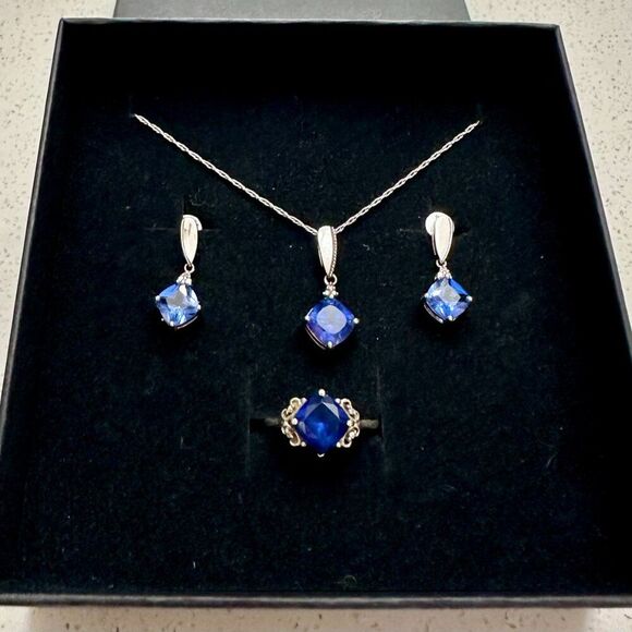 Silver Ring, Earrings, and Necklace Set with Blue Gemstones - Picture 7 of 9